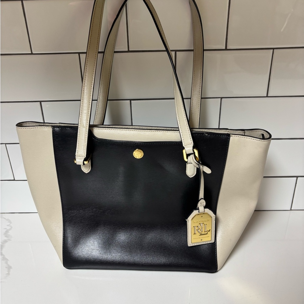 Lauren Ralph Newbury Halee Black /Beige Leather Tote Shoulder Bag Pre Owned